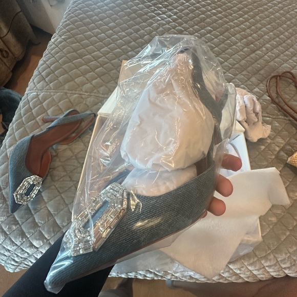 Amina Muaddi Blue Camelia 105 Slingback Pumps - Picture 9 of 12